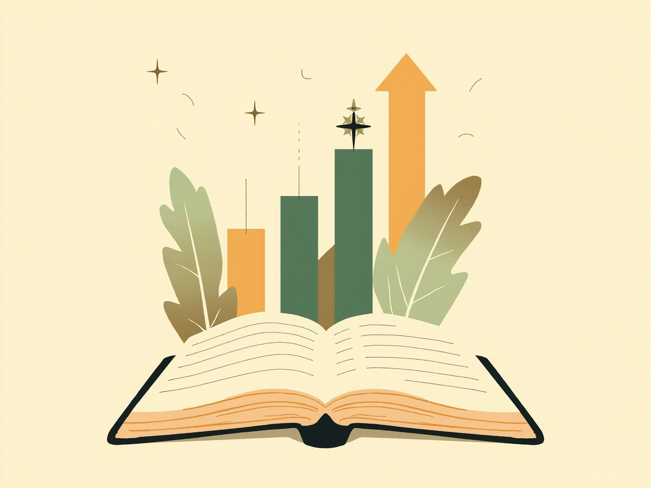 Editorial illustration of a ledger, candlestick chart and compass